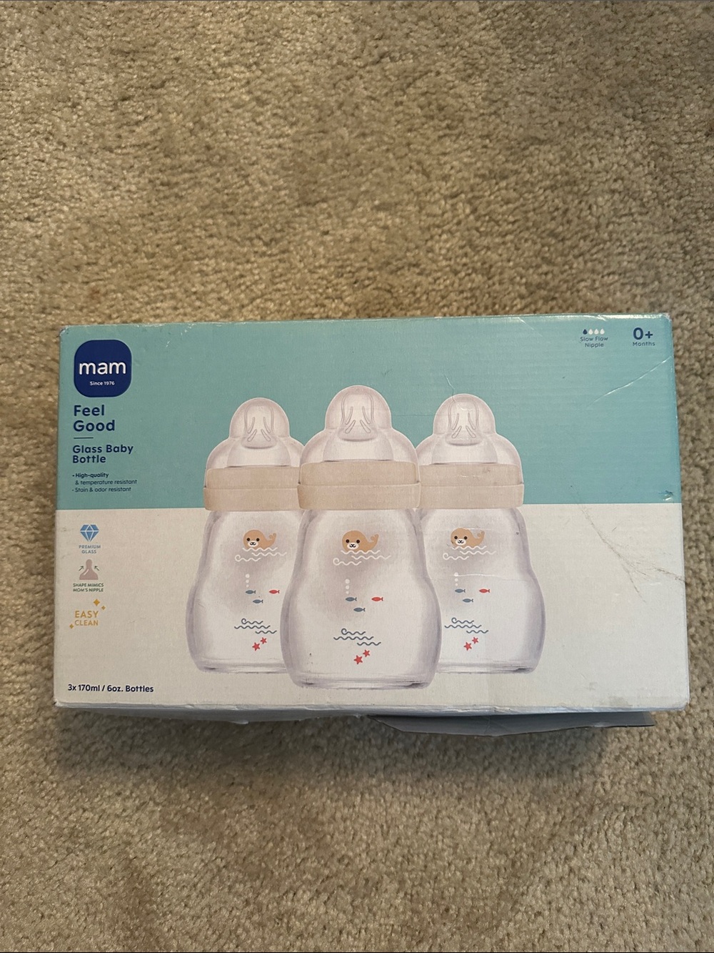 NWT MAM 6oz glass anti colic feeding bottles